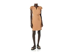 Amazon Essentials Women's Relaxed Fit Lightweight Georgette Split Neck Flutter Sleeve Shift Dress, Light Brown, X-Small