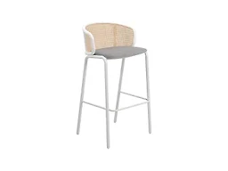 LeisureMod Ervilla Mid-Century Modern Wicker Bar Stool with Fabric Seat and White Powder Coated Steel Frame for Kitchen and Dining Room in Grey