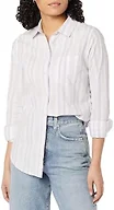 Amazon Essentials Women's Regular-Fit Long-Sleeve Button-Down Cotton Poplin Shirt, Business Casual, Lilac White Variegated Stripe, Small