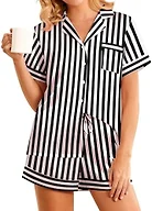 Girece Women's Satin Pajama Set Short Sleeve with Shorts,Black Striped, S