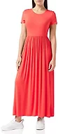 Amazon Essentials Women's Short-Sleeve Waisted Maxi Dress, Fitted, Scoop-Neck (Available in Plus Size), Red Coral, Medium