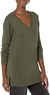 Amazon Essentials Women's Lightweight V-Neck Tunic Sweater, Long Sleeve, Ribbed (Available in Plus Size), Dark Olive, Medium