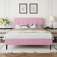 IOILORI Full Size Bed Frame Platform with Velvet Upholstered Headboard, Sturdy Wooden Slats, No Spring Box, No Noise, Easy to Assemble, Light Grey Bedframe with Strong Wooden Slats, Pink
