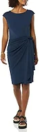 Amazon Essentials Women's Cap Sleeve Boat-Neck Faux Wrap Pleated Matte Jersey Dress, Navy, X-Small