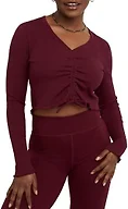 Hanes Women's Originals Rib Shirred Crop Top, Long Bell Sleeve Shirt, Lettuce Edge Hem
