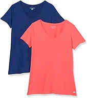 Amazon Essentials Women's Active Quick Dry Tech Stretch Short-Sleeve V-Neck T-Shirt (Available in Plus Size), Pack of 2, Coral Orange/Navy, XX-Large