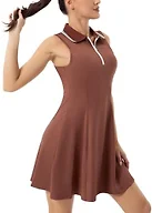 FKEEP Women's Tennis Golf Dress Sport Activewear Workout Athletic Zipper V-Neck with Shorts and Pocket (Brown, S)
