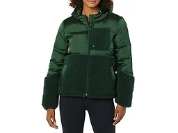 Amazon Essentials Women's Full-Zip Sherpa Fleece Hooded Puffer Jacket, Dark Green Shiny, Medium