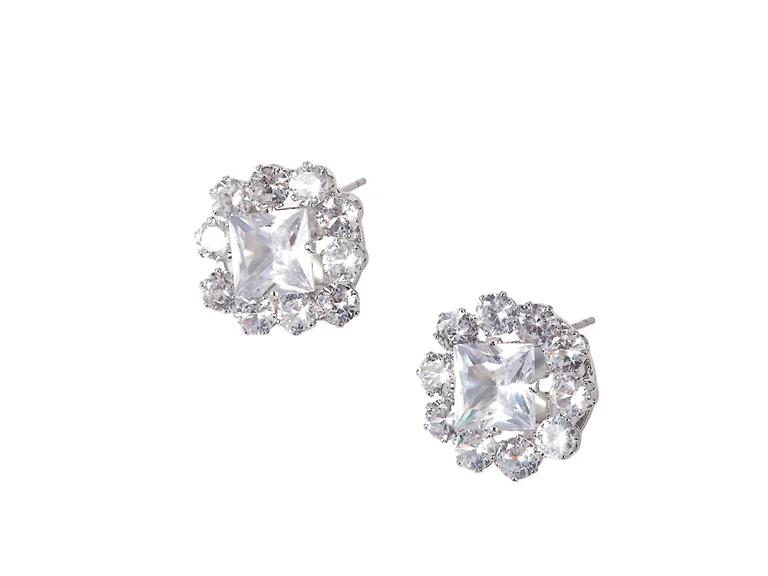 S/S Silver Tone Cluster Cubic Zirconia Halo Stud Earrings