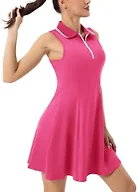 FKEEP Women's Tennis Golf Dress Sport Activewear Workout Athletic Zipper V-Neck with Shorts and Pocket (Neon Pink, L)