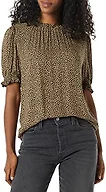 Amazon Essentials Women's Fluid Twill Short Puff Sleeve Ruffle Smock Detail Blouse, Camel Micro Cheetah, X-Small