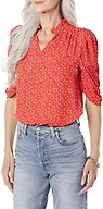 Amazon Essentials Women's Lightweight Georgette Half-Sleeve Ruffle Neck V-Neck Woven Blouse, Poppy Red Floral, X-Large