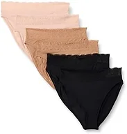 Amazon Essentials Women's Lace Trim Peached Microfiber High Waisted High Leg Panty, Pack of 6, Black / Washed Bronze / Soft Petal, X-Large