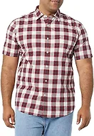 Amazon Essentials Men's Slim-Fit Short-Sleeve Poplin Shirt, Red Checked, X-Small