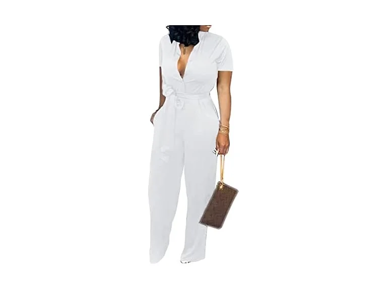 Aro Lora Women (L) Sexy V Neck Button Down Romper