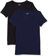 Amazon Essentials Women's Regular-Fit Short-Sleeve Scoop Neck Cotton T-Shirt, Pack of 2, Pack of 2, Black/Navy, X-Small