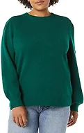 Amazon Essentials Women's Soft Touch Long Sleeve Pleated Shoulder Crewneck Sweater, Dark Green, X-Small