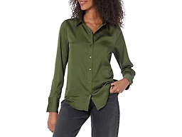 Amazon Essentials Women's Regular-Fit Satin Button Down Shirt (Available in Plus Size), Dark Olive, 1X