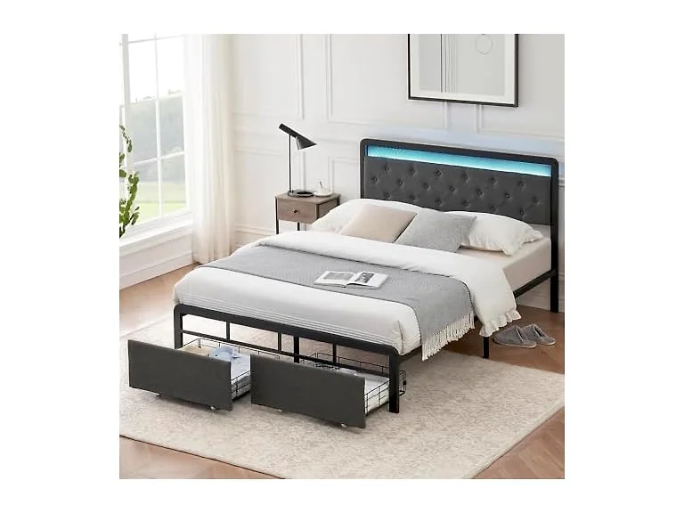 GAOMON Queen Bed w/ Drawers, LED, Grey