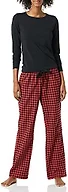 Amazon Essentials Women's Lightweight Soft Flannel Trouser and Long-Sleeve T-Shirt Sleep Set, Lounge Bottoms, Salmon Pink, Red Black Mini Buffalo Plaid, XX-Large