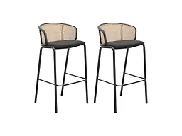LeisureMod Ervilla Mid-Century Modern Wicker Bar Stool with Fabric Seat and Black Powder Coated Steel Frame, Set of 2 in Black