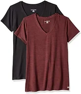 Amazon Essentials Women's Active Quick Dry Tech Stretch Short-Sleeve V-Neck T-Shirt (Available in Plus Size), Pack of 2, Black/Burgundy Space Dye, Small