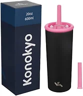 Konokyo 20oz Insulated Tumbler with Lid and Straw, Reusable Iced Coffee Cup with Lid, Travel Coffee Mug, BPA-Free, Leak-Proof and Durable, Black