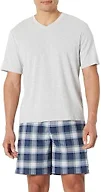 Amazon Essentials Men's Cotton Poplin Pajama Short With Cotton T-shirt Set, Country Plaid/Light Grey Heather, Medium