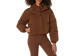 Amazon Essentials Women's Cropped Full-Zip Puffer Jacket, Winter Warm, Stand Collar, Deep Brown, X-Small