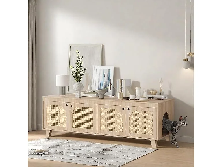 FONTOI Rattan Cat Litter Box Enclosure with Decorated Doors
