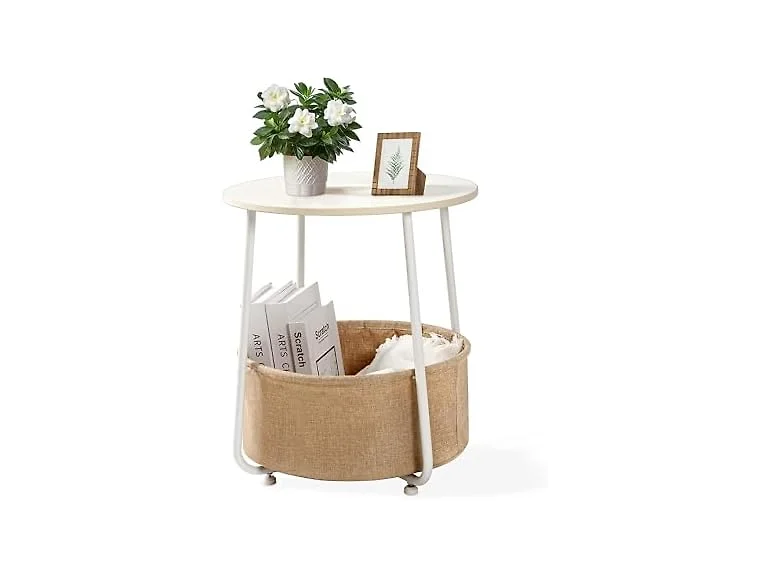 Round Side Table Cloth Storage White