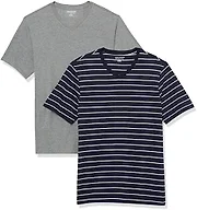 Amazon Essentials Men's Cotton Short-Sleeve V-Neck T-Shirts, Pack of 2, Grey Heather/Navy Stripe, X-Small