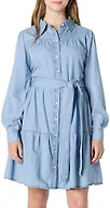 Amazon Essentials Women's Button Front Fit and Flare Denim Chambray Long-Sleeve Tiered Shirtdress, Iced Blue Light Wash, Large