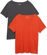 Amazon Essentials Women's Plus Size Short-Sleeve V-Neck T-Shirt, Pack of 2, Charcoal Heather/Tomato Red, 5X