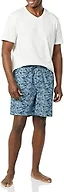 Amazon Essentials Men's Cotton Poplin Pajama Short With Cotton T-shirt Set, Blue Palm Leaf/White, XX-Small