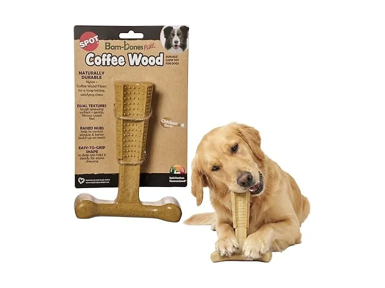 SPOT Bam-Bones Plus Coffee Wood T-Bone Dog Chew Toy, Chicken