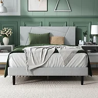 IOILORI Full Size Bed Frame Platform with Velvet Upholstered Headboard, Geometric, Sturdy Frame and Wooden Slats, Noiseless, No Box Spring Required, Easy to Assemble,Light Gray