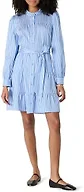 Amazon Essentials Women's Regular-Fit Cotton Sateen Tiered Shirt Dress with Puff Shoulder Sleeves, Collar Band, Button-Front, Blue White Stripe, Large