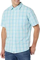 Amazon Essentials Men's Short Sleeve Button Down Shirt, Stretch Cotton, Blue Peach Plaid, Available in Big & Tall, Light Blue/White, Plaid, X-Small