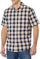Amazon Essentials Men's Short-Sleeve Regular-Fit Stretch Poplin Shirt Shirt, -Navy/Gold, Plaid, X-Small