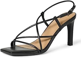Amazon Essentials Women's Strappy Stiletto Heel Sandals with Ankle Strap, Black Faux Leather, 9.5