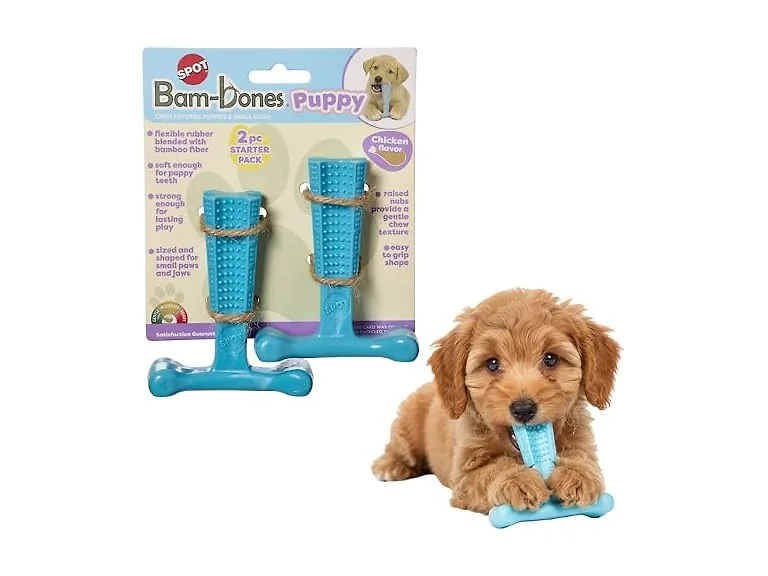 SPOT Bam-Bones Puppy T-Bone Dog Chew Toys, 2PK Blue