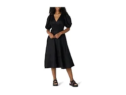 Amazon Essentials Women's Regular-Fit Cotton Sateen Puff Sleeve Midi Dress, V-Neck, Black, Small