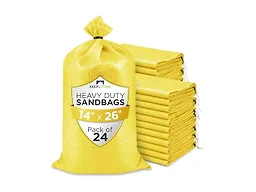 Heavy Duty Sand Bags Pack of 24, Bright Yellow Empty Sandbags with Built-In Ties, Woven Polypropylene UV Protection 1600 Hours, Fillable Bags for Flood Control, Weight, 14x26 inches, 50 Pounds Volume