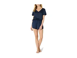 Amazon Essentials Women's Relaxed Fit Satin Short Sleeve V-Neck T-Shirt and Short Sleepwear Set, Navy, XX-Large