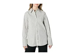 Amazon Essentials Women's Oversized-Fit Cropped Cotton Stretch Poplin Button-Down Shirt, Ivory Black Stripe, XX-Large