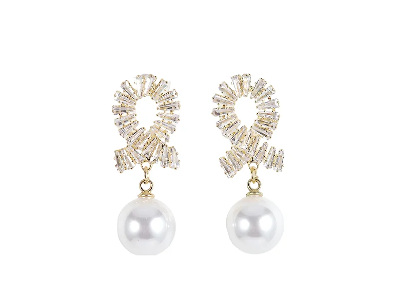 18K Gold Plated Stainless Steel Drop Earrings with CZ &Pearl