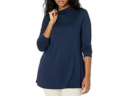 Amazon Essentials Women's Jersey Long-Sleeve Mock Neck Swing Tunic Top, Relaxed Fit Pullover, Navy, Small