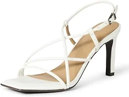 Amazon Essentials Women's Strappy Stiletto Heel Sandals with Ankle Strap, White Faux Leather, 10