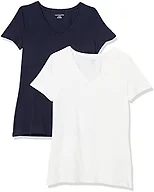 Amazon Essentials Women's Regular-Fit Short-Sleeve V-Neck T-Shirt, Pack of 2, Navy/White, Large